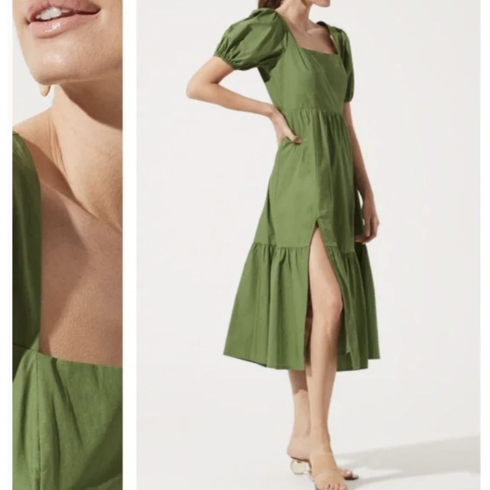 NWT ASTR The Label Poplin Tiered Square Neck Maxi Dress in Green Size XL